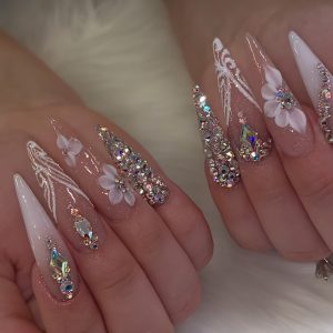 French Sparkling Diamond Floral Design Press-On Nails - Image 6