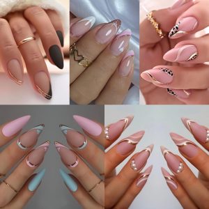 Rings Purple Pink Black Golden Line Nails Medium Almond Shaped - Image 5