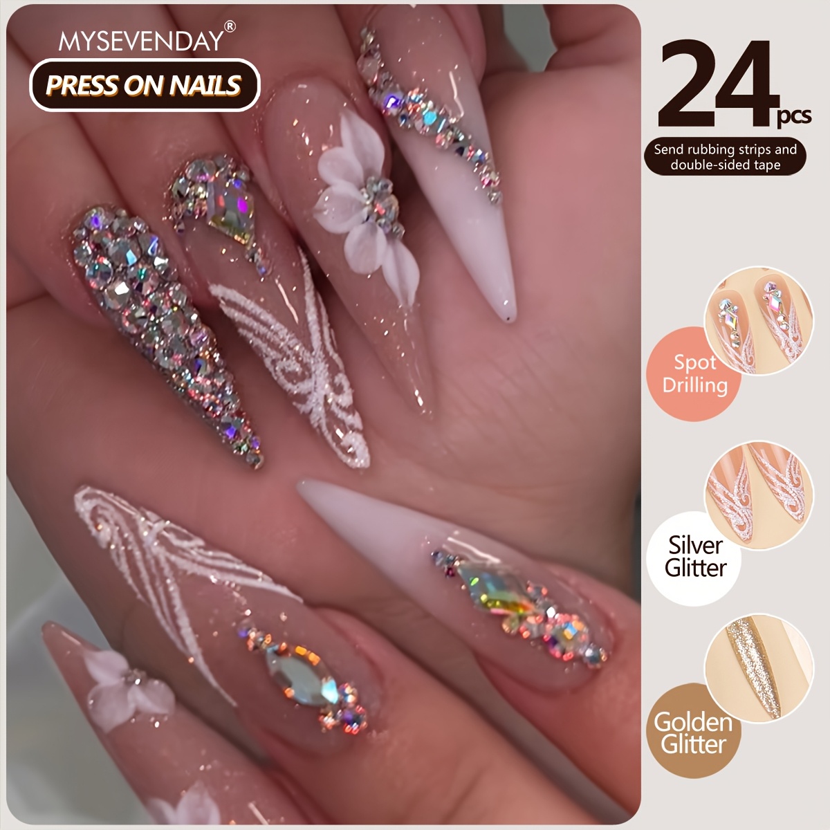 French Sparkling Diamond Floral Design Press-On Nails - Image 4