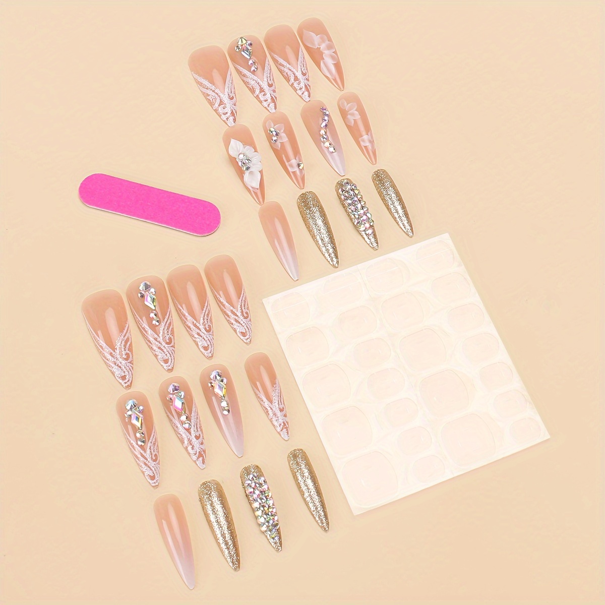 French Sparkling Diamond Floral Design Press-On Nails - Image 7