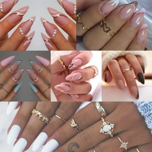 Rings Purple Pink Black Golden Line Nails Medium Almond Shaped - Image 6