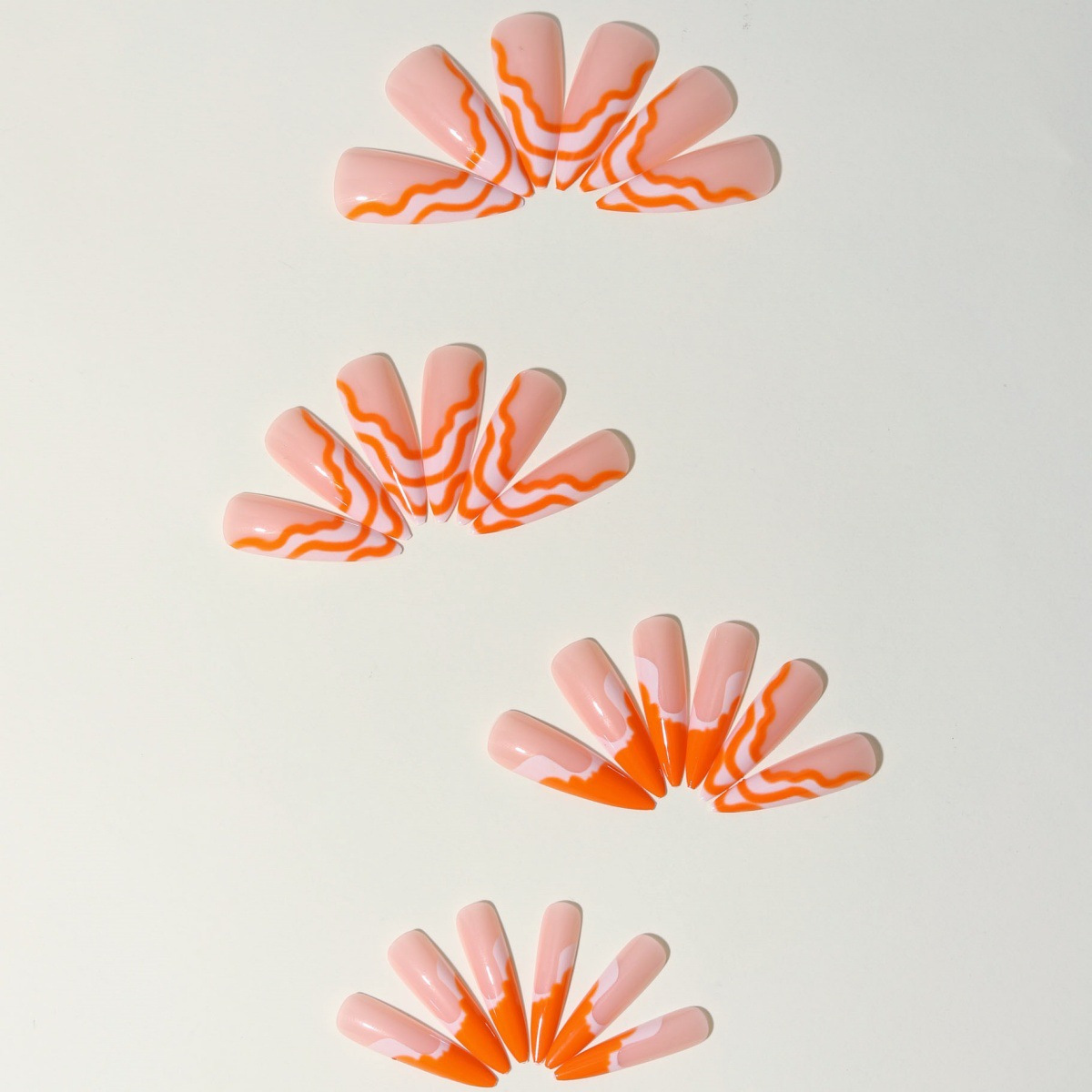Orange & White Wave French Nail Tips - Image 3