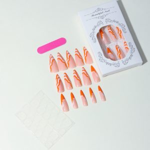 Orange & White Wave French Nail Tips - Image 2