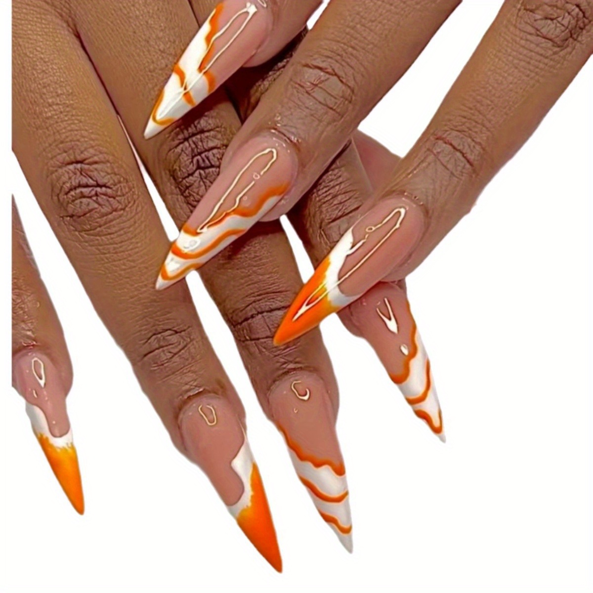 Orange & White Wave French Nail Tips - Image 5