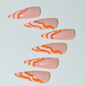 Orange & White Wave French Nail Tips - Image 4
