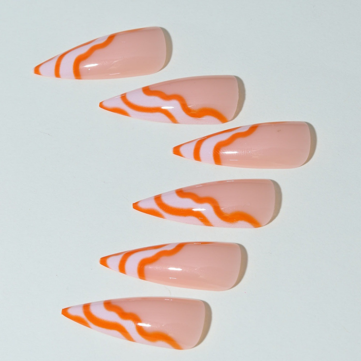 Orange & White Wave French Nail Tips - Image 4
