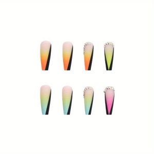 Rainbow Color Blended Black French Sparkling Nail Art - Image 6